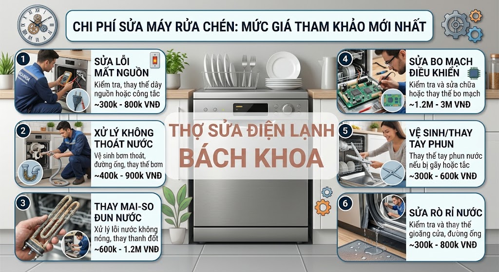 chi phí sửa máy rửa chén ảnh hưởng với yếu tố nào