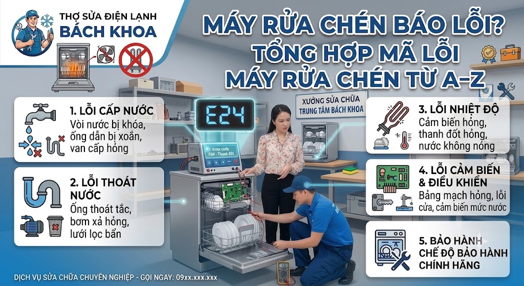 máy rửa chén báo lỗi: nguyên nhân và cách xử lý