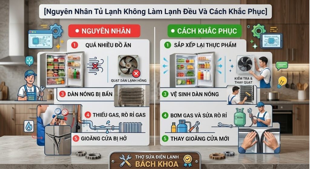 nguyên nhân tủ lạnh làm lạnh không đều