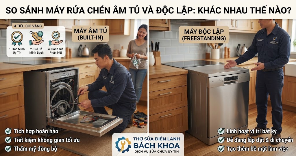 so sánh máy rửa chén âm tủ và độc lập