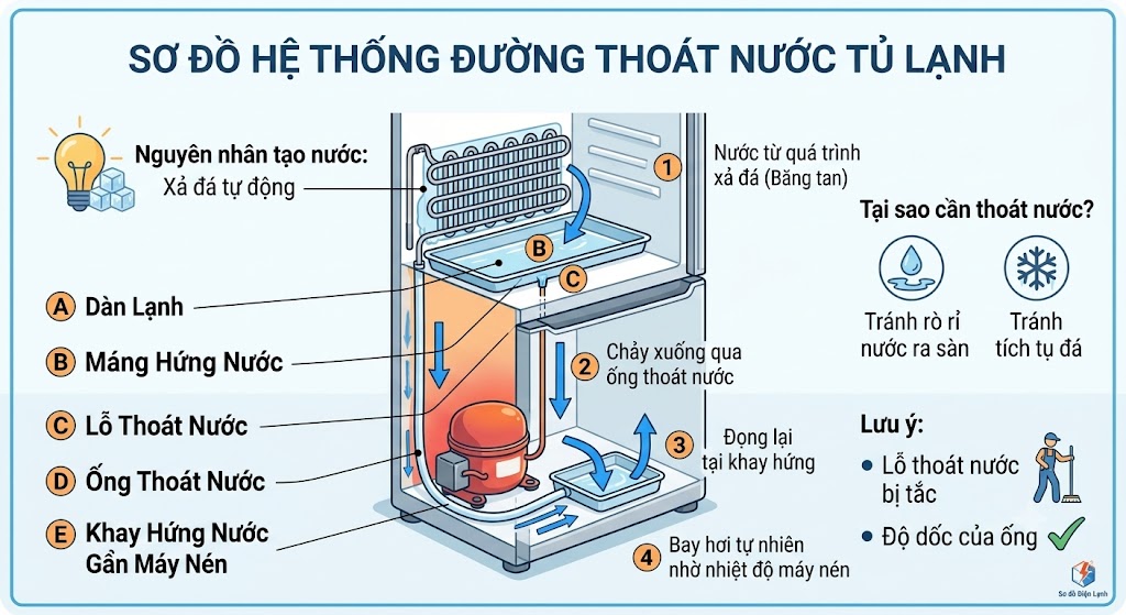 sơ đồ hệ thống thoát nước của tủ lạnh